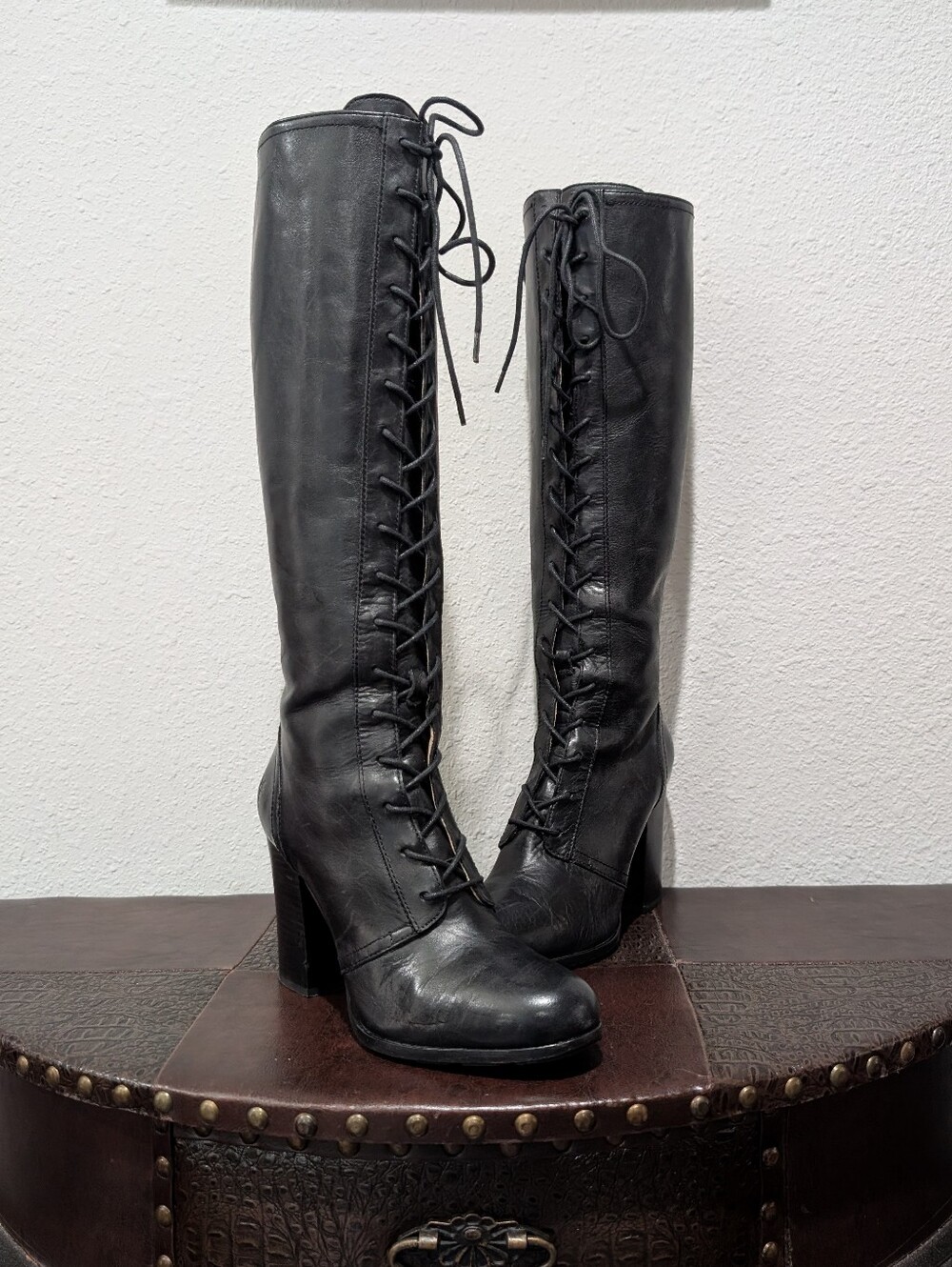 FRYE Parker Black Leather Tall Lace-Up Heeled Boots Size 9M